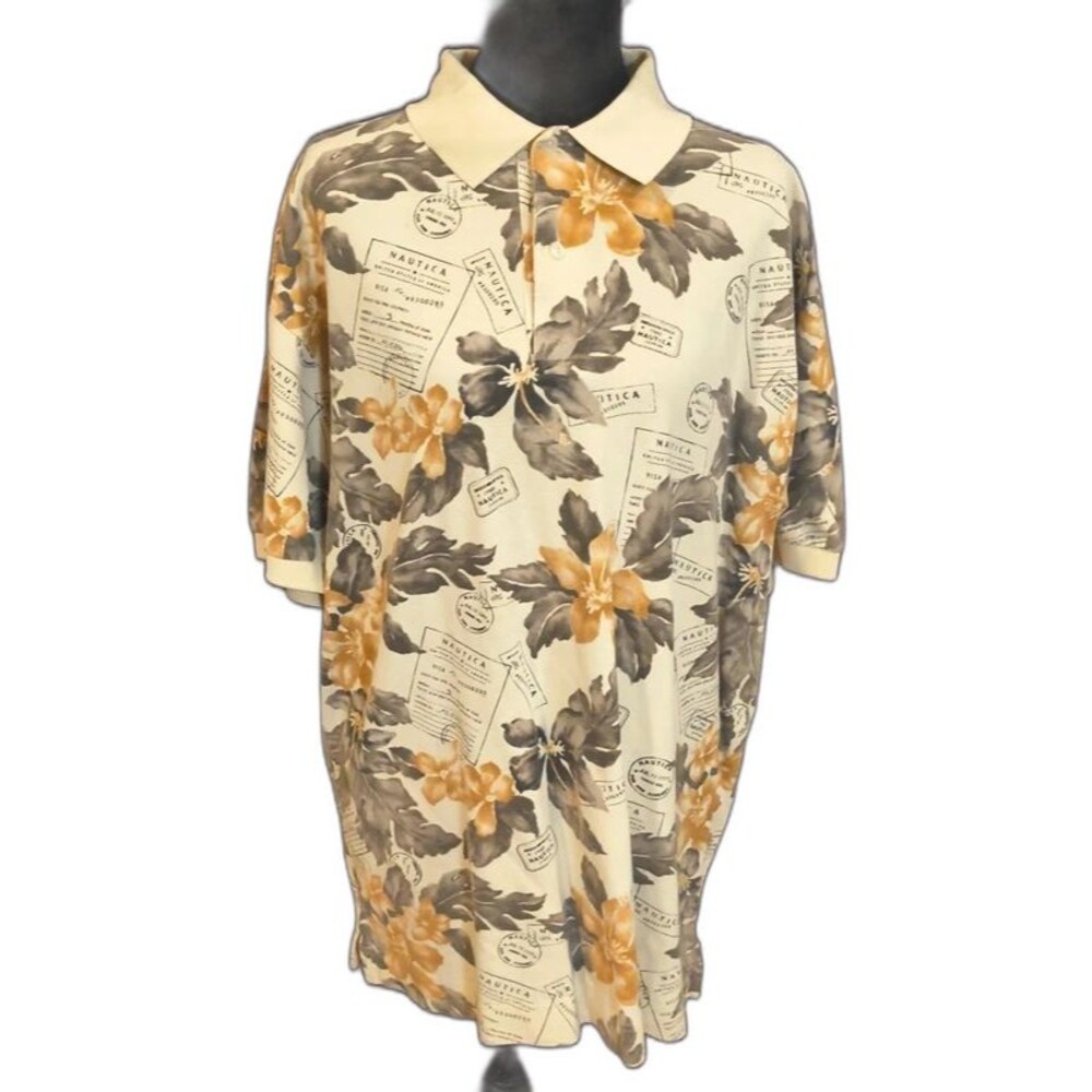 Vintage 90s Nautica Polo Shirt Tropical Floral Stamp Print Cream Resort Wear L